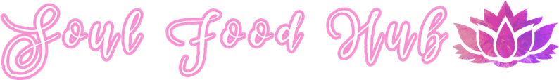 The image shows the words "Soul Food Hub" in pink cursive next to a stylized purple lotus flower.