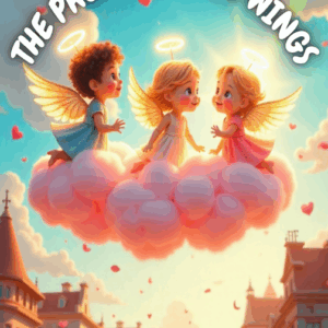 Children with wings on a fluffy cloud.
