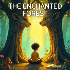 Child meditating in magical forest setting.