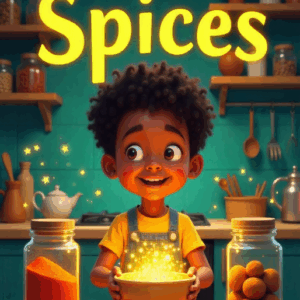 Child exploring spices in a magical kitchen.