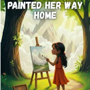 Girl painting nature scene on canvas.