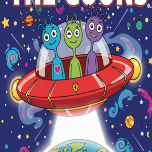 Aliens in spaceship above Earth, colorful background.